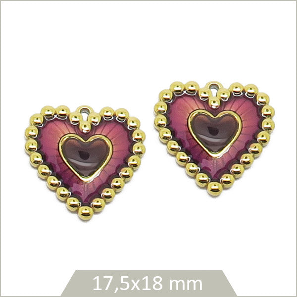 2 breloques acier doré cœur camaïeu de violet bordure rond
