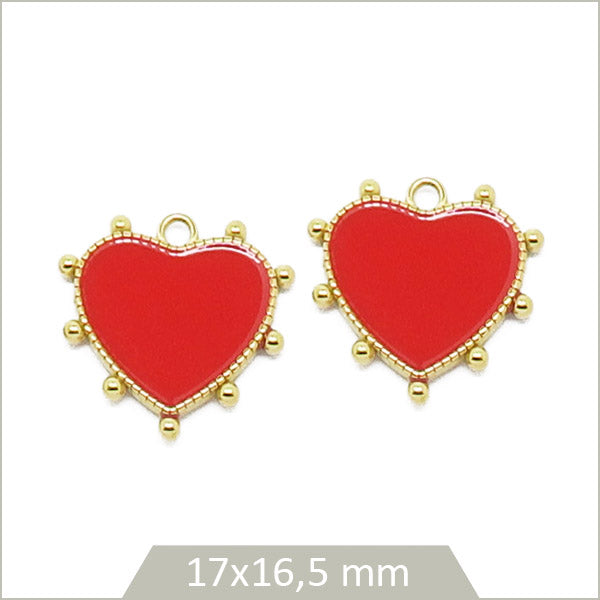 2 breloques acier doré cœur rouge bordure rond