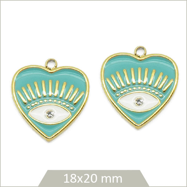 2 breloques acier doré cœur turquoise œil blanc