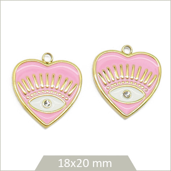 2 breloques acier doré cœur rose œil blanc