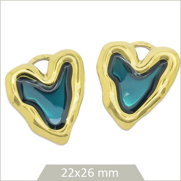2 breloques cœur ondulé vert émeraude acier inoxydable doré