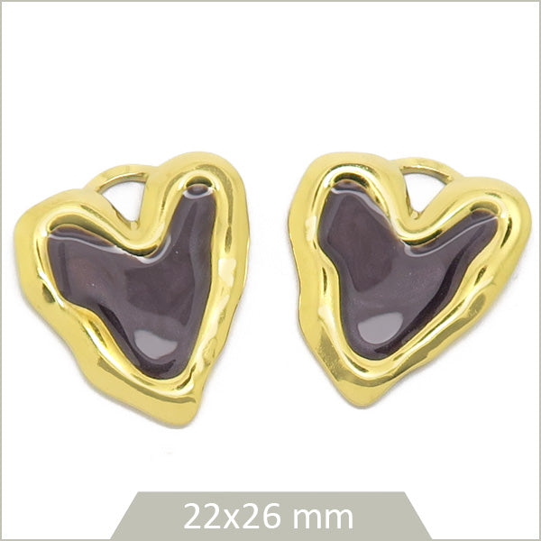 2 breloques cœur ondulé prune acier inoxydable doré