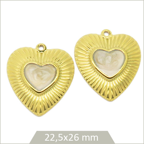 2 breloques acier doré cœur ensoleillé cabochon beige