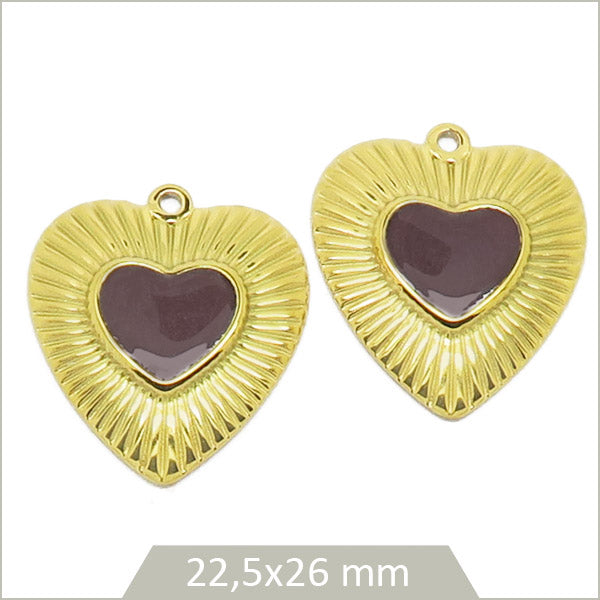 2 breloques acier doré cœur ensoleillé cabochon prune