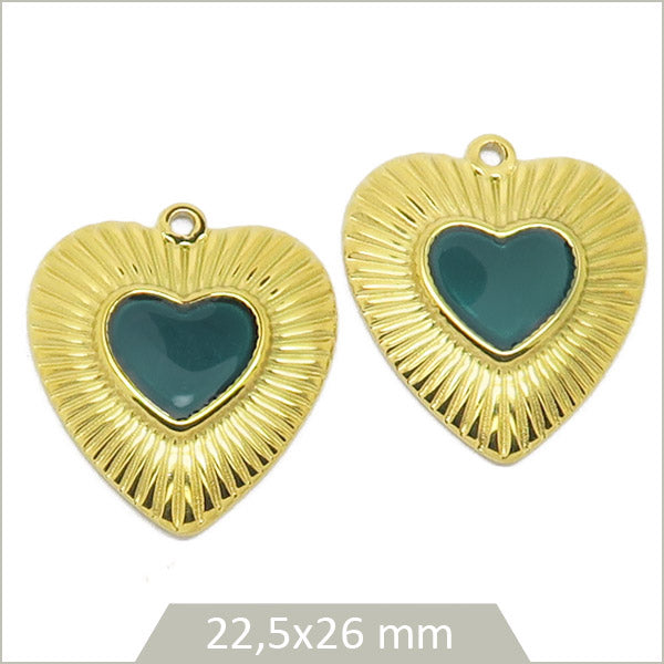 2 breloques acier doré cœur ensoleillé cabochon vert émeraude