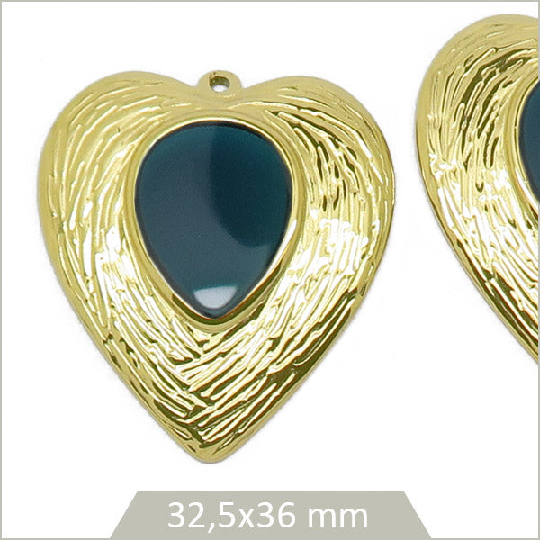 2 breloques cœur acier inoxydable doré cabochon goutte émeraude