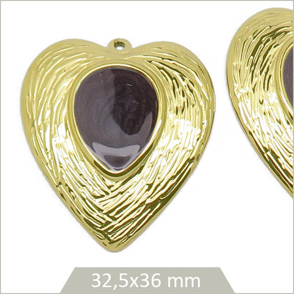2 breloques cœur acier inoxydable doré cabochon goutte prune