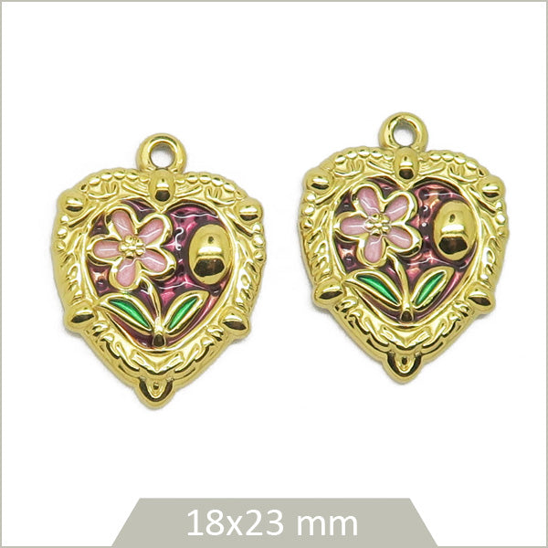 2 breloques cœur violet en acier inoxydable doré cabochon fleur rose