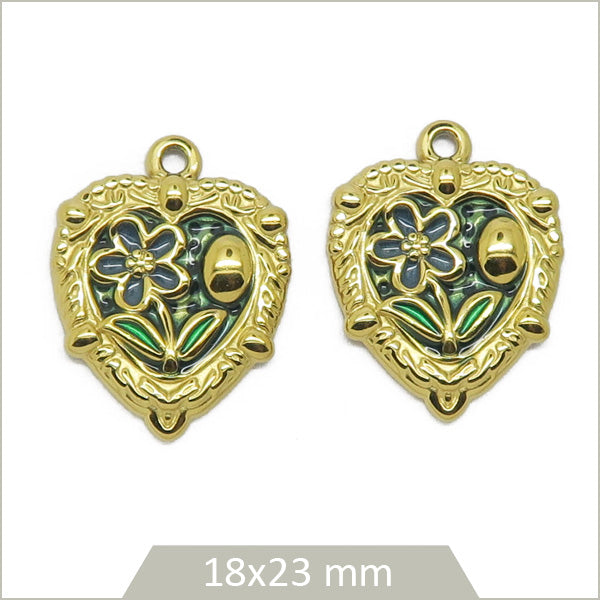 2 breloques cœur vert en acier inoxydable doré cabochon fleur bleue
