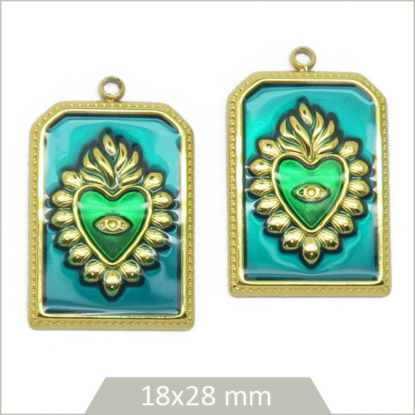 2 breloque rectangle en acier inoxydable doré émeraude coeur de Viana vert