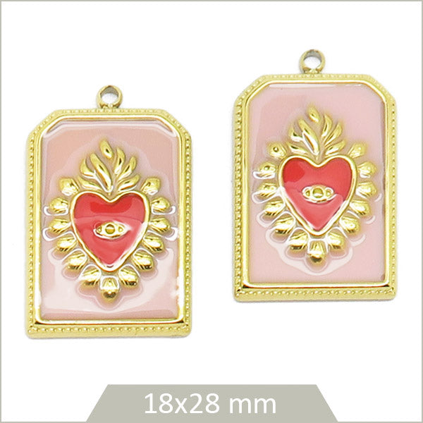 2 breloque rectangle en acier inoxydable doré rose coeur de Viana rouge