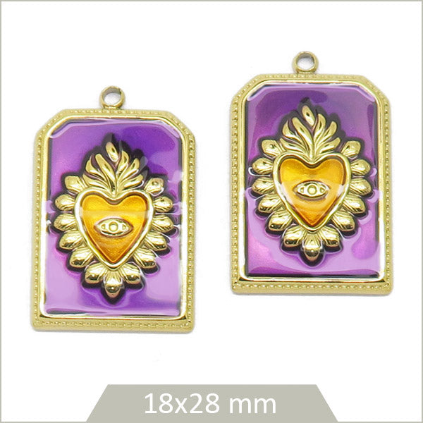 2 breloque rectangle en acier inoxydable doré violet coeur de Viana caramel