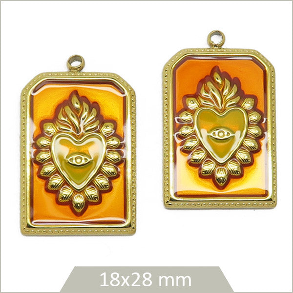 2 breloque rectangle en acier inoxydable doré caramel coeur de Viana jaune