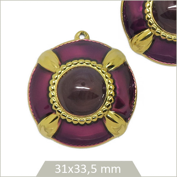 2 breloques acier doré bouclier violet cabochon prune