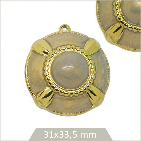 2 breloques acier doré bouclier gris taupe avec cabochon