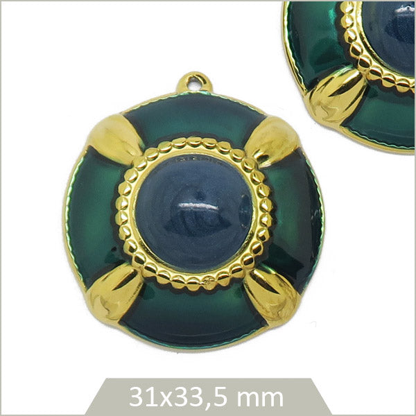 2 breloques acier doré bouclier vert cabochon bleu marine