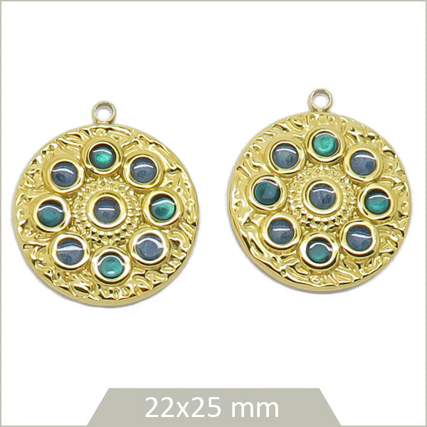 2 breloques roue acier doré cabochon vert et bleu marine