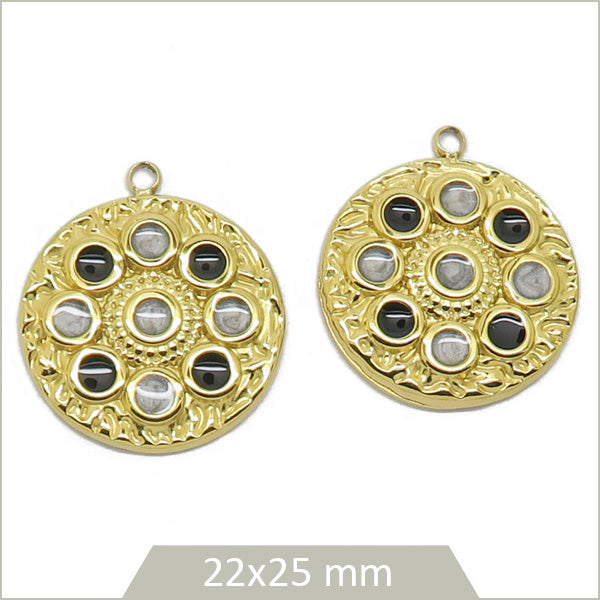 2 breloques roue acier doré cabochon gris et noir