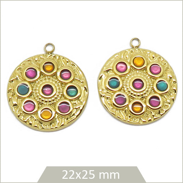 2 breloques roue acier doré cabochon violet, vert et caramel