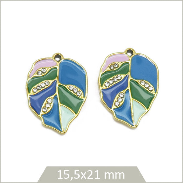 2 breloques feuille en acier doré remplissage bleu, vert et strassé
