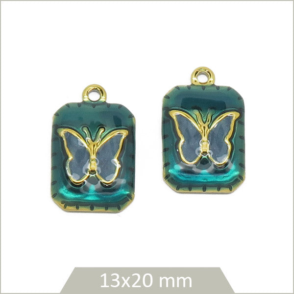 2 breloques acier doré rectangle vert émeraude, papillon bleu