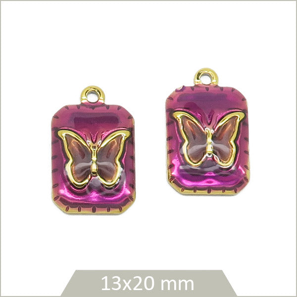 2 breloques acier doré rectangle violet, papillon prune