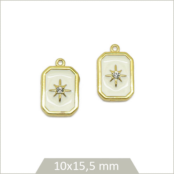2 breloques acier doré, rectangle blanc avec étoile strassée