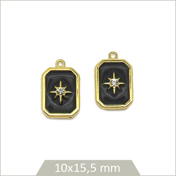 2 breloques acier doré, rectangle noir avec étoile strassée