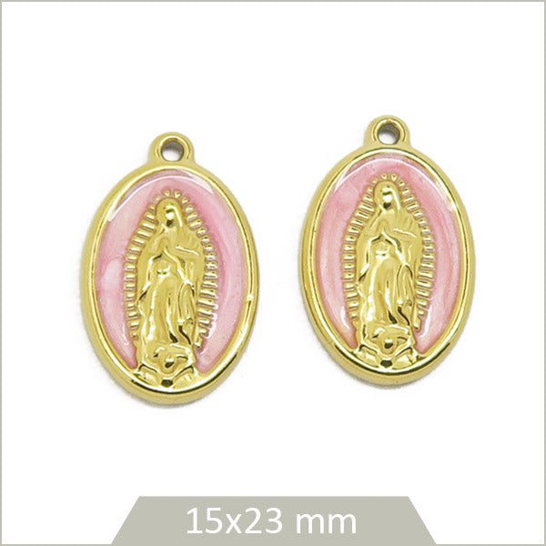 2 breloques ovales roses en acier doré avec vierge