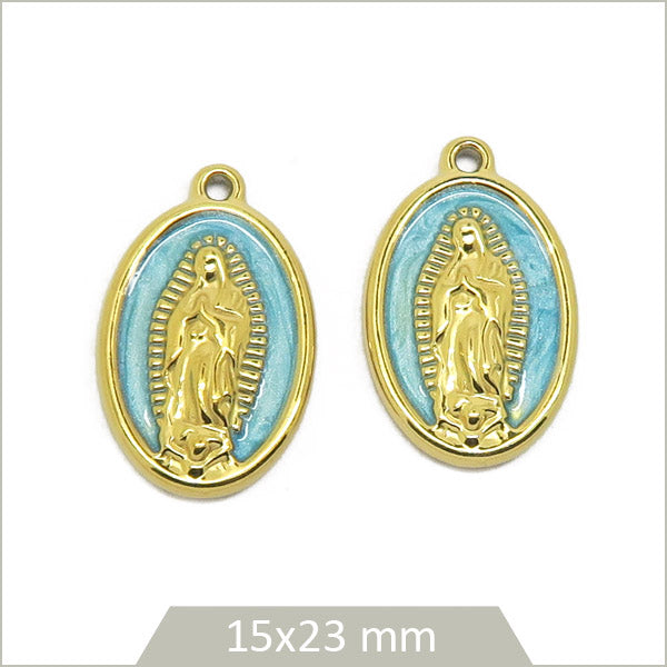 2 breloques ovales turquoises en acier doré avec vierge