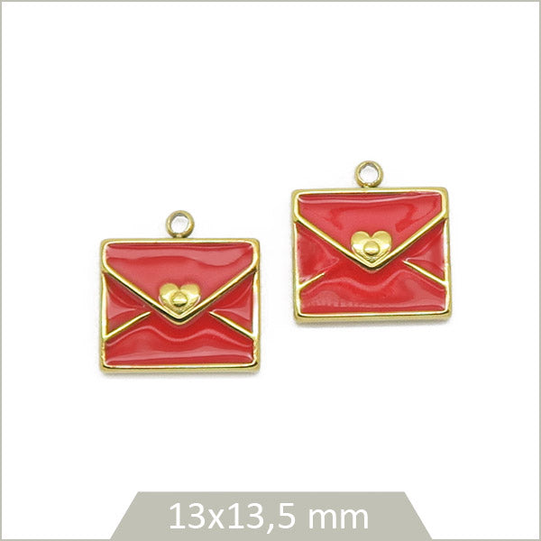 2 breloques enveloppes rouges en acier doré