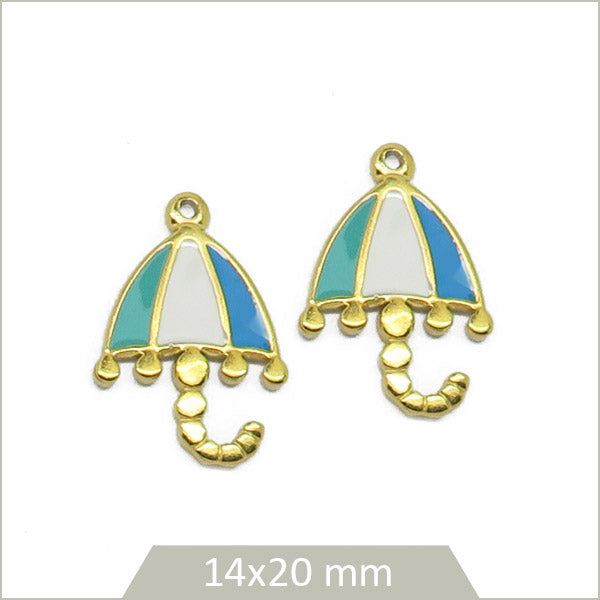 2 breloques parapluies à rayures bleues et blanches en acier doré
