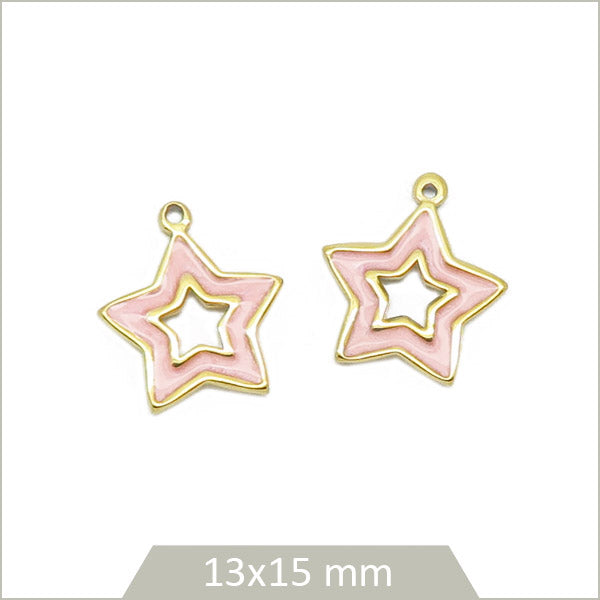 2 breloques étoiles ajourées roses, en acier doré