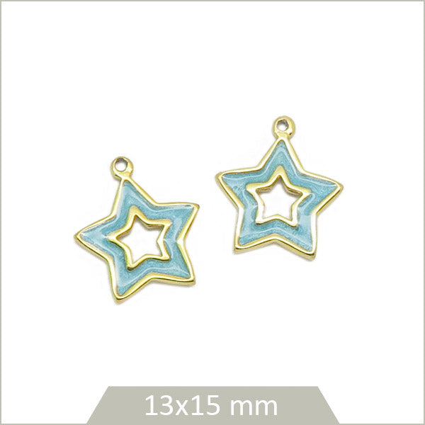 2 breloques étoiles ajourées bleues, en acier doré