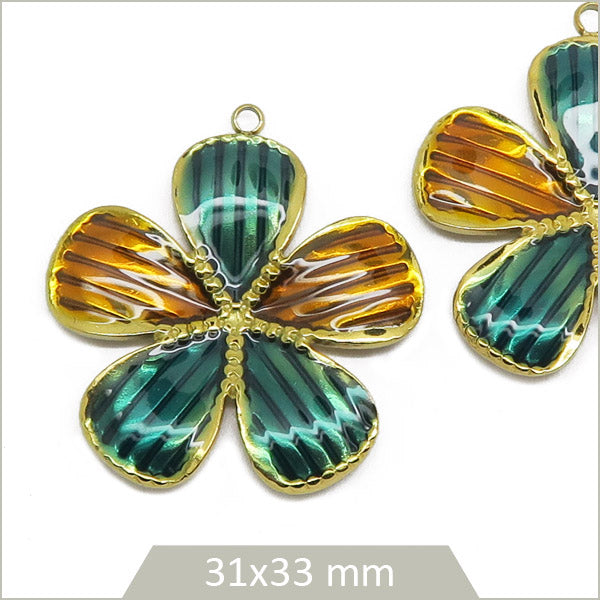 2 breloques fleurs émeraude et ambre en acier inoxydable doré