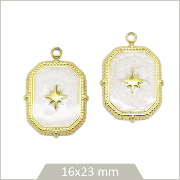2 breloques rectangles blancs avec étoile en acier inoxydable doré