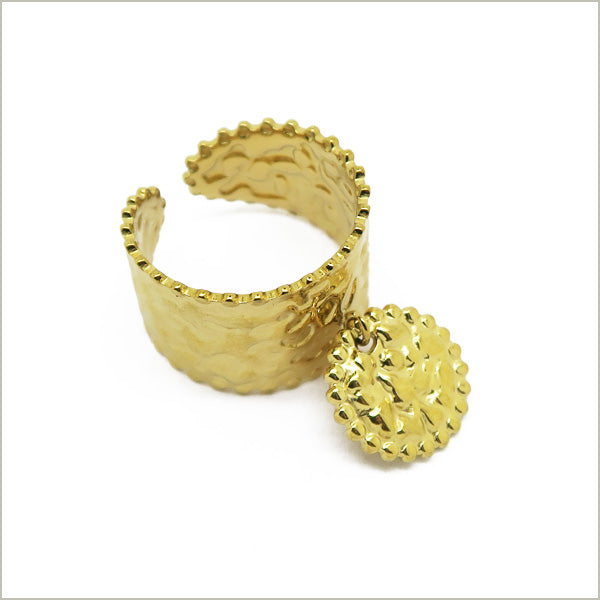 1 bague ajustable texturée et son pendentif en acier inoxydable doré