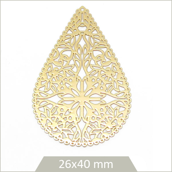 4 grandes breloques goutte dentelées en laiton doré