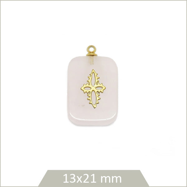 1 pendentif rectangle en Quartz rose et motif en acier doré