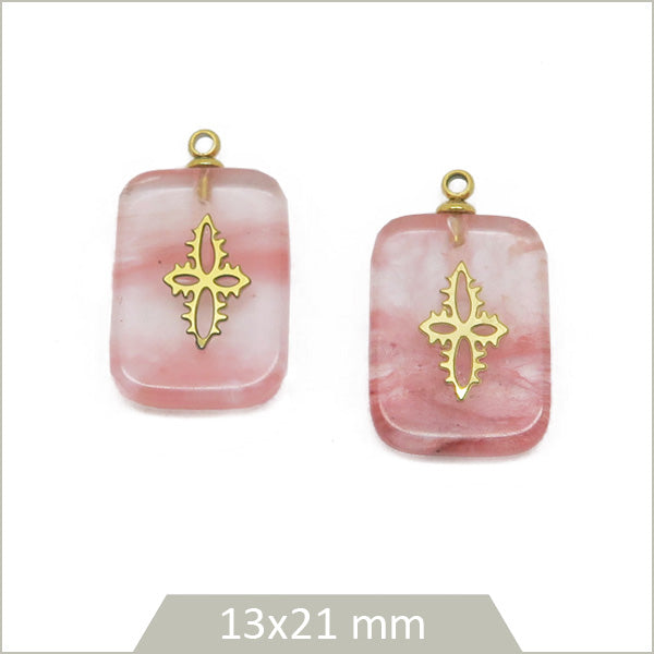 1 pendentif rectangle en Quartz melon d'eau et motif en acier doré