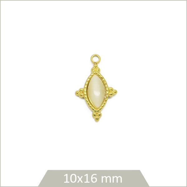 1 breloque vintage en acier doré et cabochon en Agate blanche