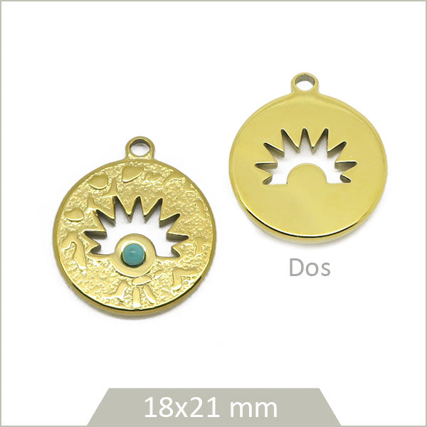 1 breloque solaire en acier doré et cabochon turquoise en pierre