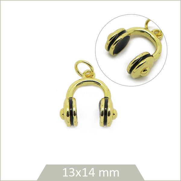1 breloque casque audio en laiton plaqué or 18k et effet émail noir