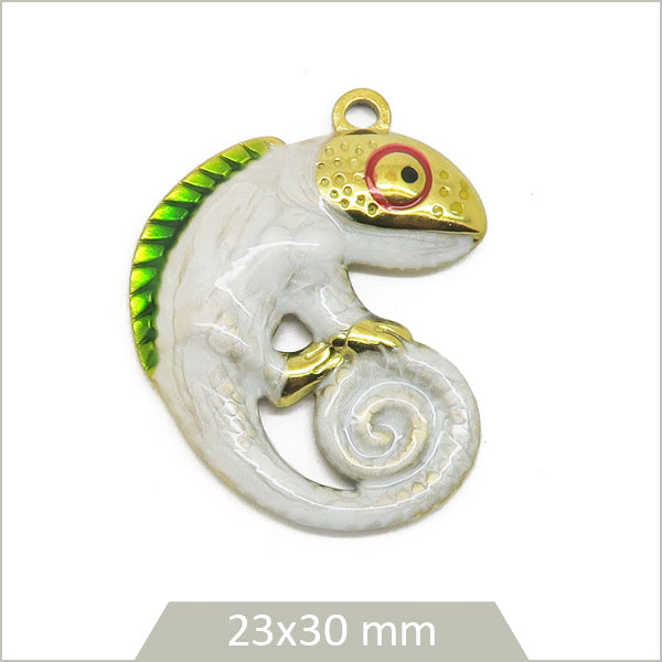 1 breloque caméléon acier inoxydable 304 dorée 18k et effet émail blanc