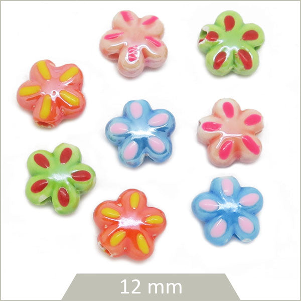 Lot de 8 perles fleurs céramique, mix de couleurs 12 mm