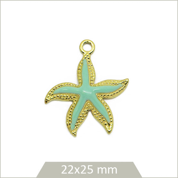 1 breloque étoile de mer acier inoxydable 304 doré, effet émail vert d'eau