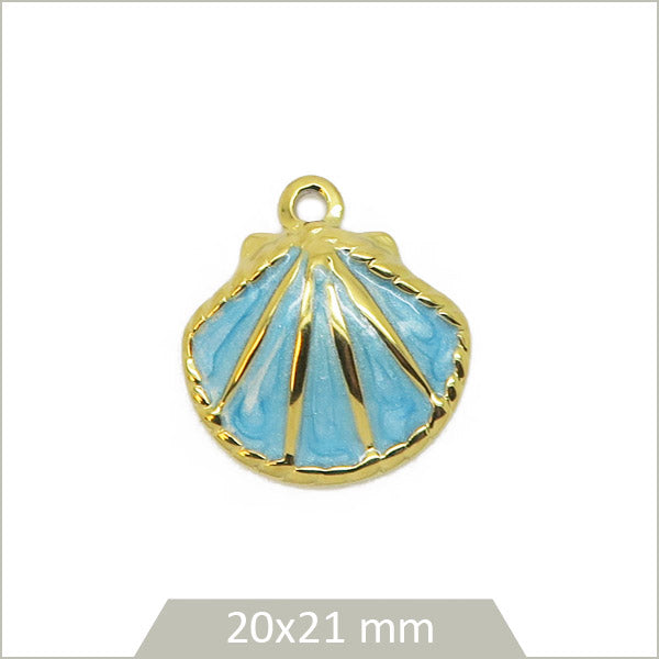 1 breloque coquille acier inoxydable 304 doré, effet émail bleu