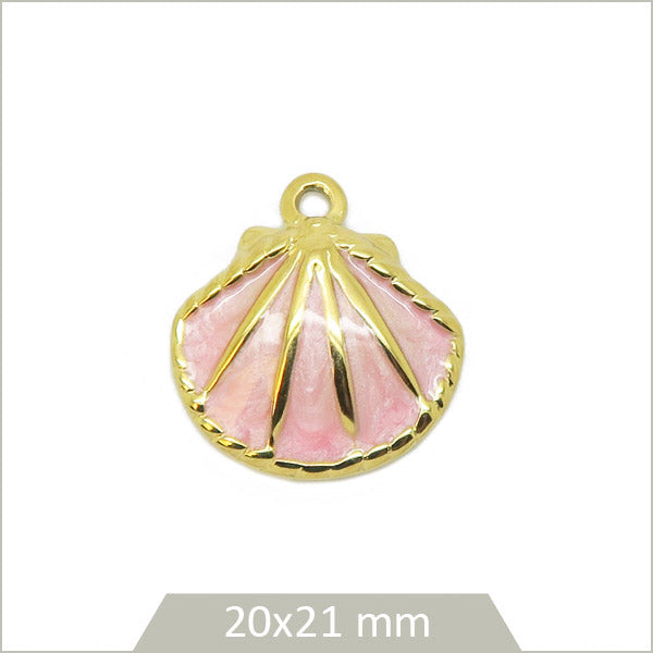 1 breloque coquille acier inoxydable 304 doré, effet émail rose