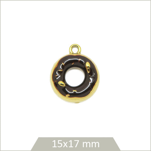 1 breloque donut acier inoxydable 304 doré et effet émail chocolat