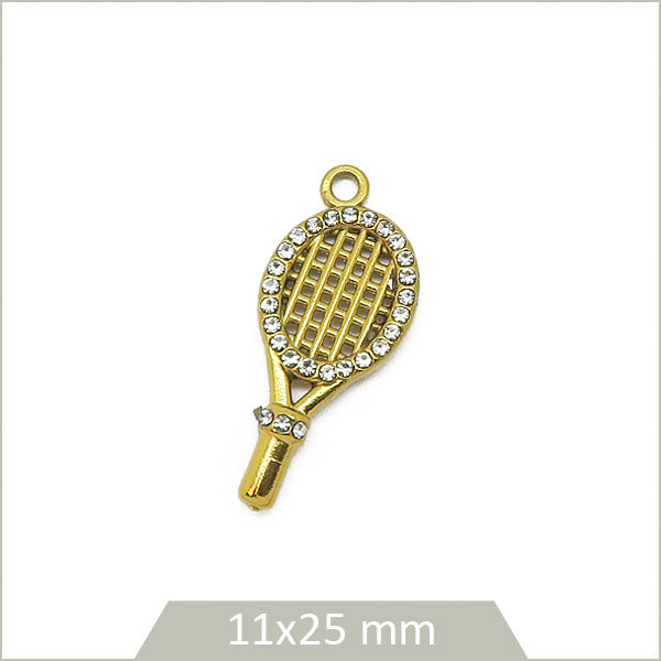 1 breloque raquette en acier inoxydable 304 doré et strass